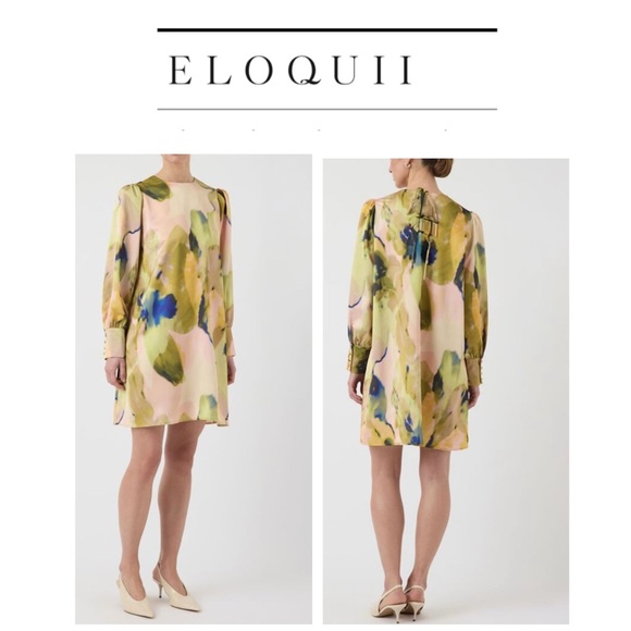 🆕Eloquii Satin Yellow and Green Sheath Dress with Bishop Sleeves 16🆕 - Picture 1 of 15